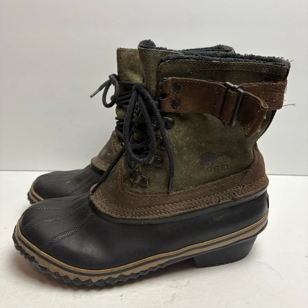 Sorel Black and Green Waterproof Boots Snow Duck Rubber Lace-up size 8.5